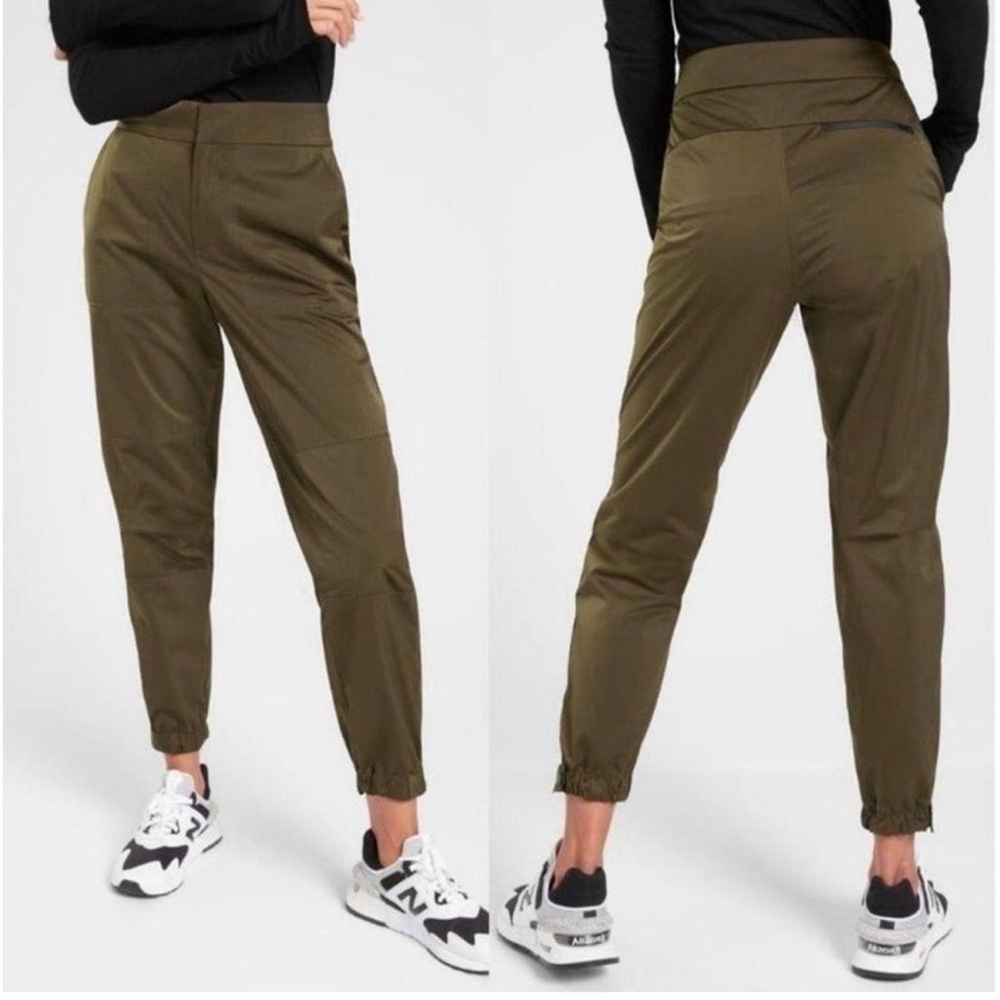 Athleta Radiant Jogger Satin Tapered Leg Olive Zip Pocket Athletic Sz 16 NWT